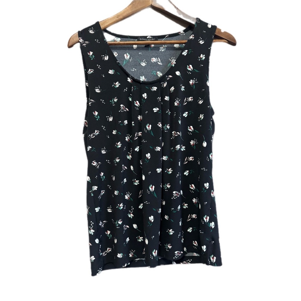 Banana Republic Tank Top Womens S Black Excellent Floral Pleated Scoop Neck Tank